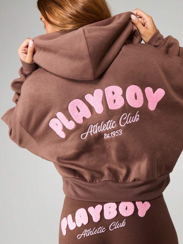 missguided Missguided x Playboy Cropped Zip Hoodie With Drawstring