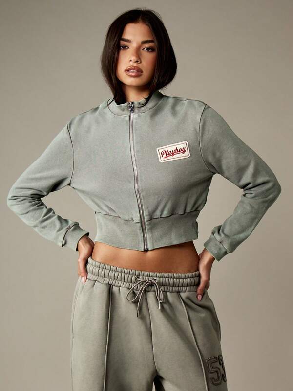 Missguided Missguided X Playboy Cropped Zip Through Sweatshirt With Ribbed Details