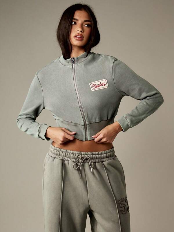 missguided Missguided x Playboy Cropped Zip Through Sweatshirt With Ribbed Details