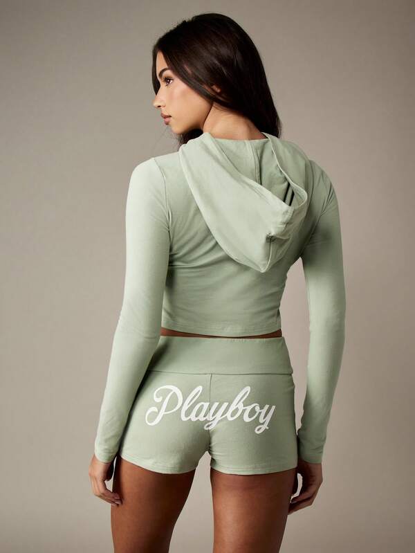 Missguided Missguided X Playboy Cropped Zip Up Hoodie And Hot Pants Set