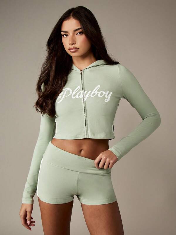 missguided Missguided x Playboy Cropped Zip Up Hoodie And Hot Pants Set