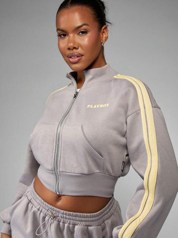 Missguided Missguided X Playboy Cropped Zip Up Hoodie With Drawstring
