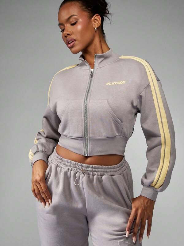 missguided Missguided x Playboy Cropped Zip Up Hoodie With Drawstring