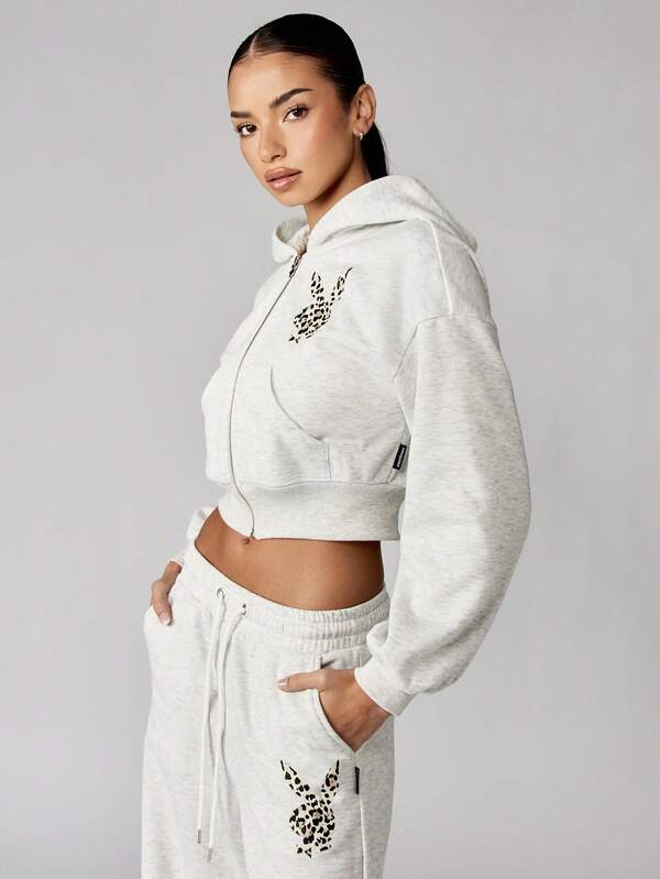 Missguided Missguided X Playboy Cropped Zip Up Hoodie With Leopard Print Text