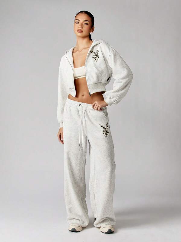 Missguided Missguided X Playboy Cropped Zip Up Hoodie With Leopard Print Text