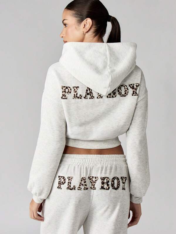 missguided Missguided x Playboy Cropped Zip Up Hoodie With Leopard Print Text