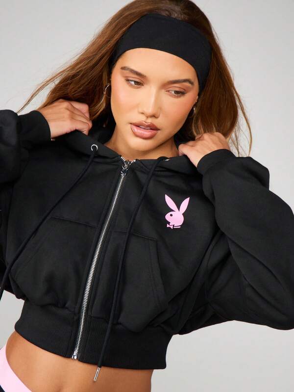Missguided Missguided X Playboy Cropped Zip Up Hoodie With Pink Logo
