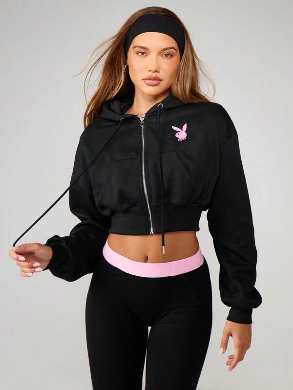 Missguided Missguided X Playboy Cropped Zip Up Hoodie With Pink Logo