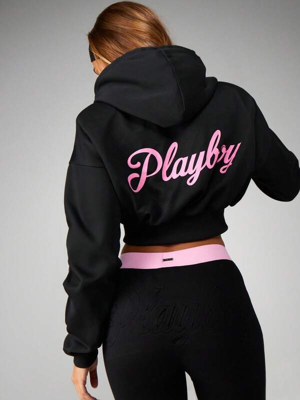 missguided Missguided x Playboy Cropped Zip Up Hoodie With Pink Logo