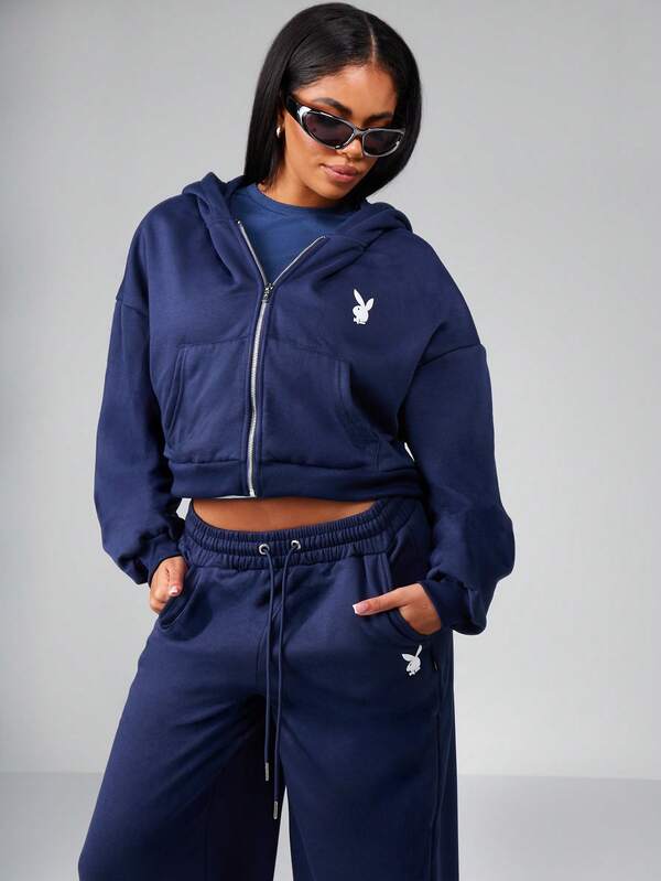 Missguided Missguided X Playboy Cropped Zip Up Hoodie With Puff Sleeves And Ribbed Hem