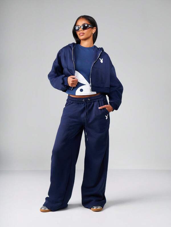 Missguided Missguided X Playboy Cropped Zip Up Hoodie With Puff Sleeves And Ribbed Hem