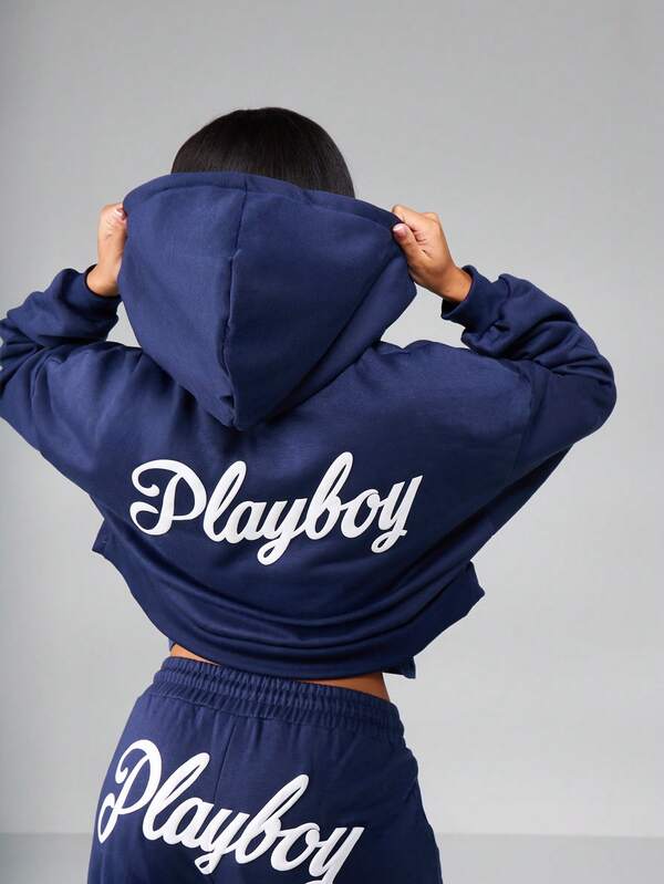 Missguided Missguided X Playboy Cropped Zip Up Hoodie With Puff Sleeves And Ribbed Hem