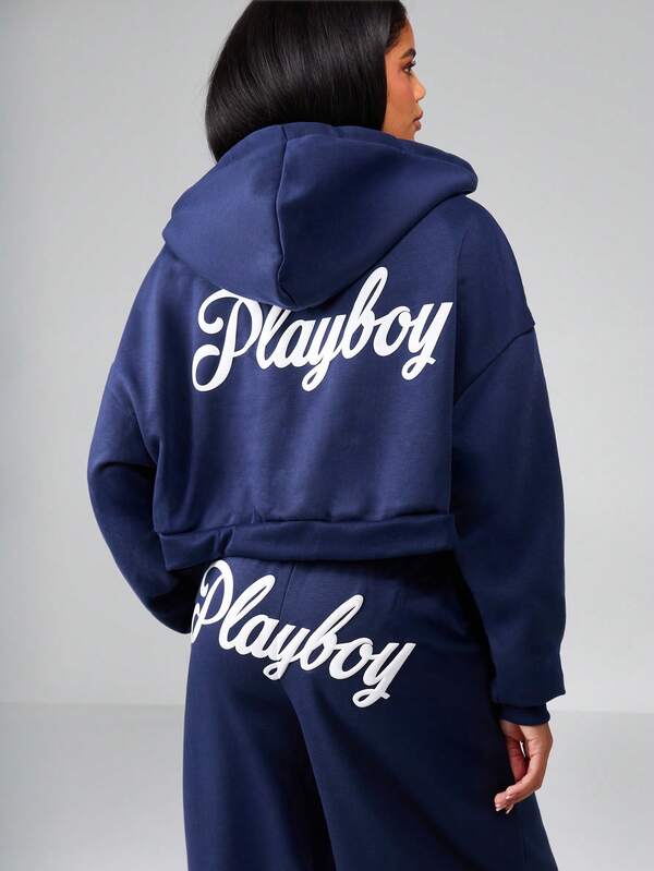 missguided Missguided x Playboy Cropped Zip Up Hoodie With Puff Sleeves And Ribbed Hem