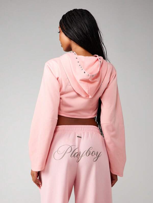 Missguided Missguided X Playboy Cropped Zip Up Hoodie With Rhinestone Logo