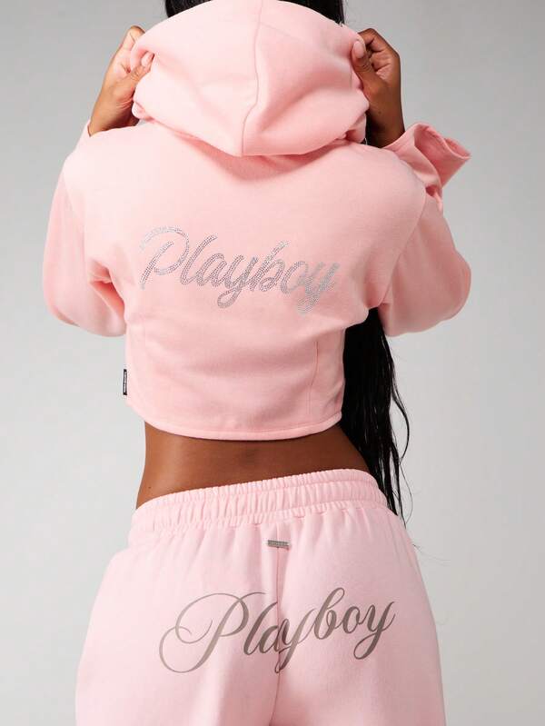 Missguided Missguided X Playboy Cropped Zip Up Hoodie With Rhinestone Logo