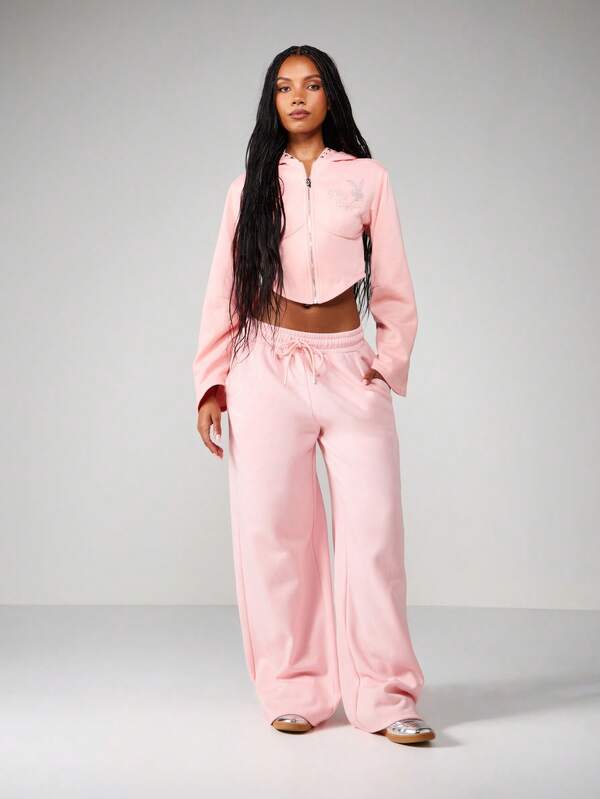 Missguided Missguided X Playboy Cropped Zip Up Hoodie With Rhinestone Logo