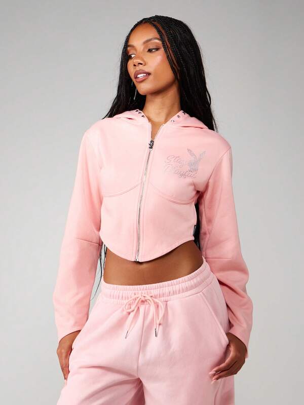 missguided Missguided x Playboy Cropped Zip Up Hoodie With Rhinestone Logo