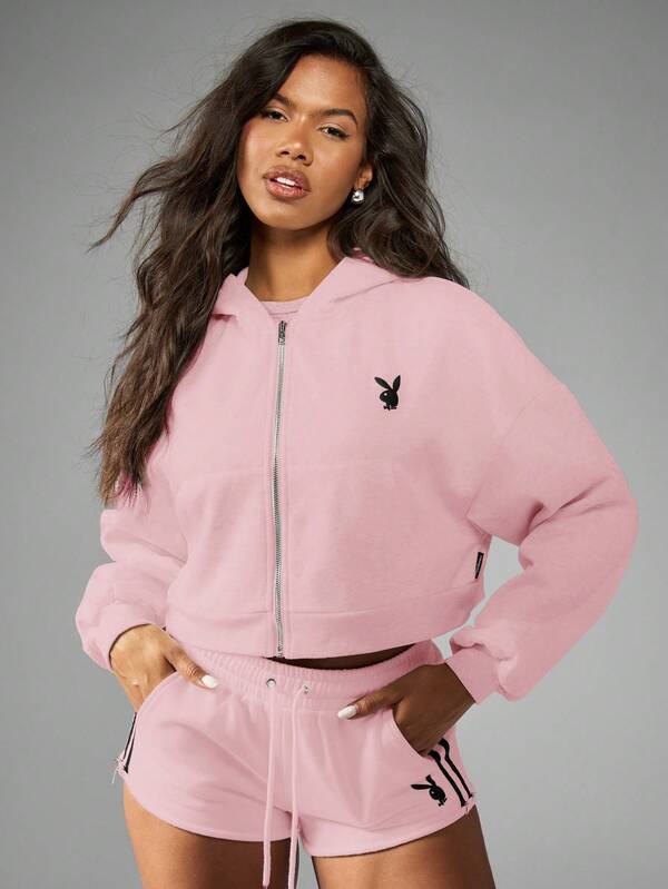 Missguided Missguided X Playboy Cropped Zip Up Hoodie With Script Logo And Balloon Sleeves