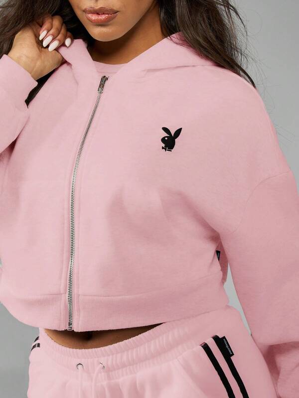 Missguided Missguided X Playboy Cropped Zip Up Hoodie With Script Logo And Balloon Sleeves