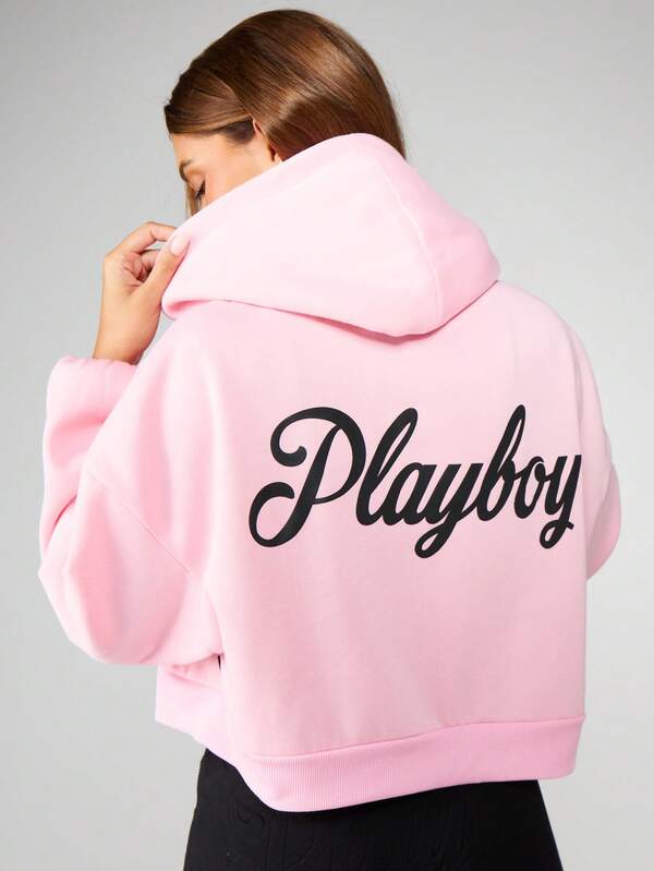 missguided Missguided x Playboy Cropped Zip Up Hoodie With Script Logo And Balloon Sleeves