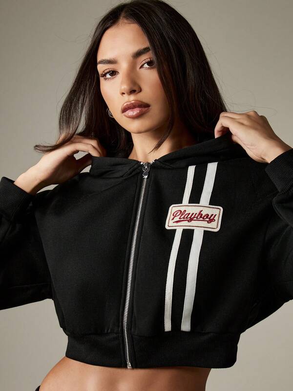 Missguided Missguided X Playboy Cropped Zip Up Hoodie With Stripe Detail