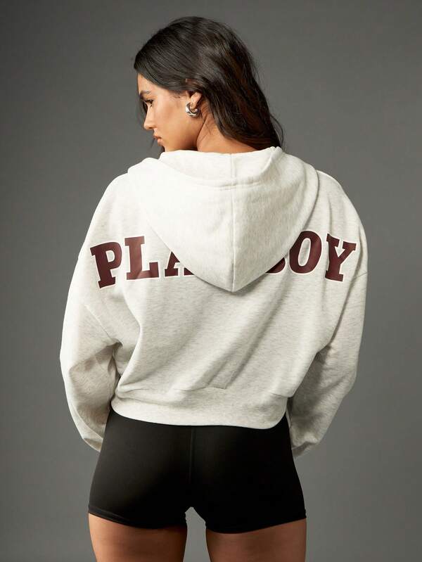 Missguided Missguided X Playboy Cropped Zip Up Hoodie With Varsity Letters