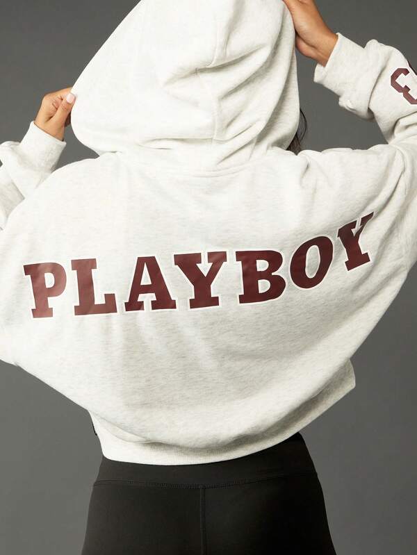 Missguided Missguided X Playboy Cropped Zip Up Hoodie With Varsity Letters