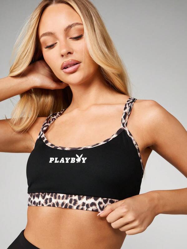 Missguided Missguided X Playboy Cross Over Back Sports Bra With Leopard Print