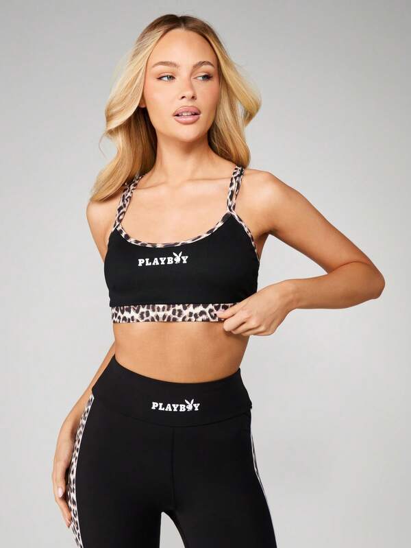 missguided Missguided x Playboy Cross Over Back Sports Bra With Leopard Print