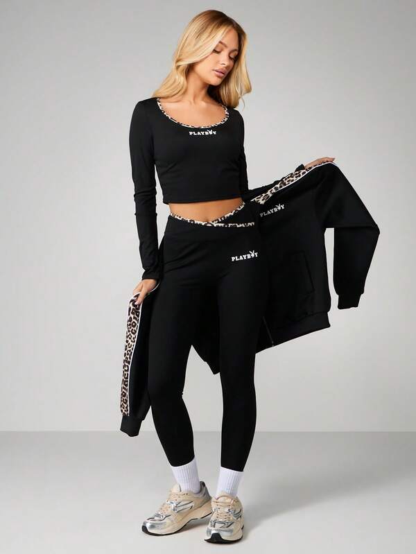 Missguided Missguided X Playboy Cross Over Waistband Sports Leggings With Leopard Print