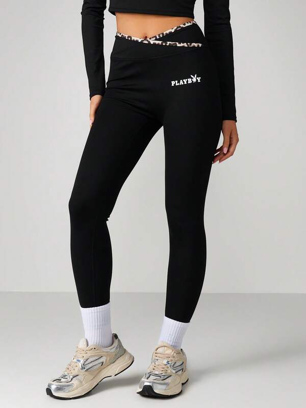 Missguided Missguided X Playboy Cross Over Waistband Sports Leggings With Leopard Print
