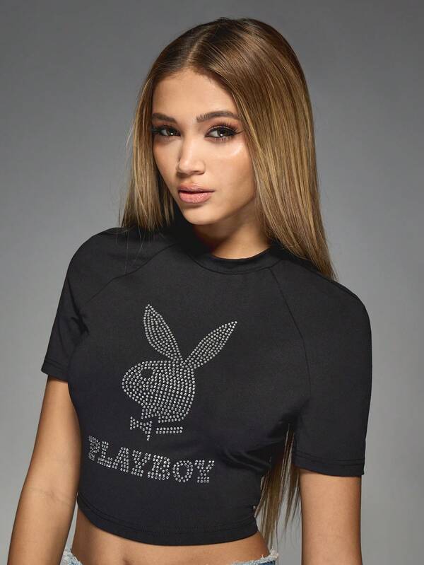 Missguided Missguided X Playboy Crystal Embellished Baby T Shirt With Bunny Motif