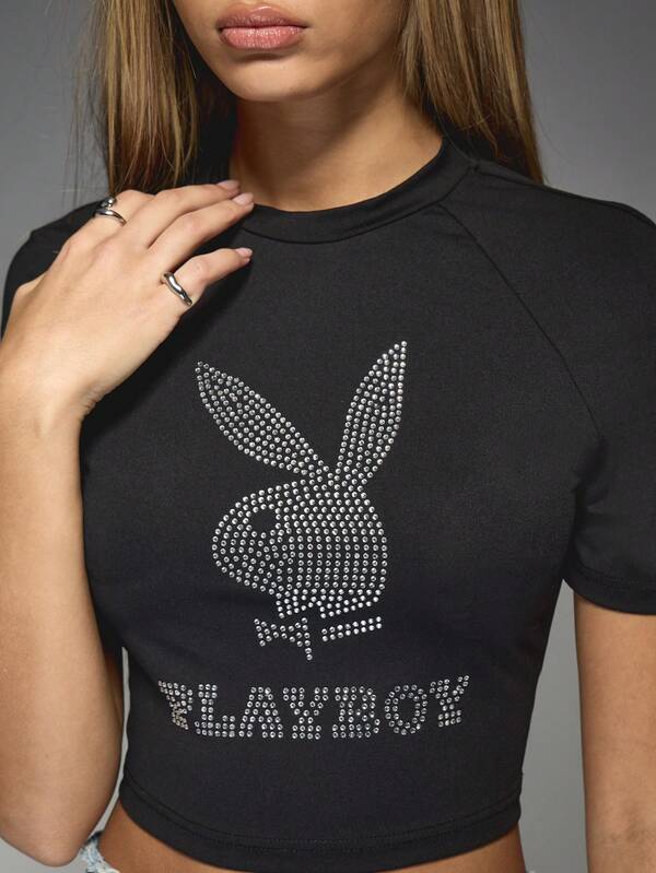 Missguided Missguided X Playboy Crystal Embellished Baby T Shirt With Bunny Motif