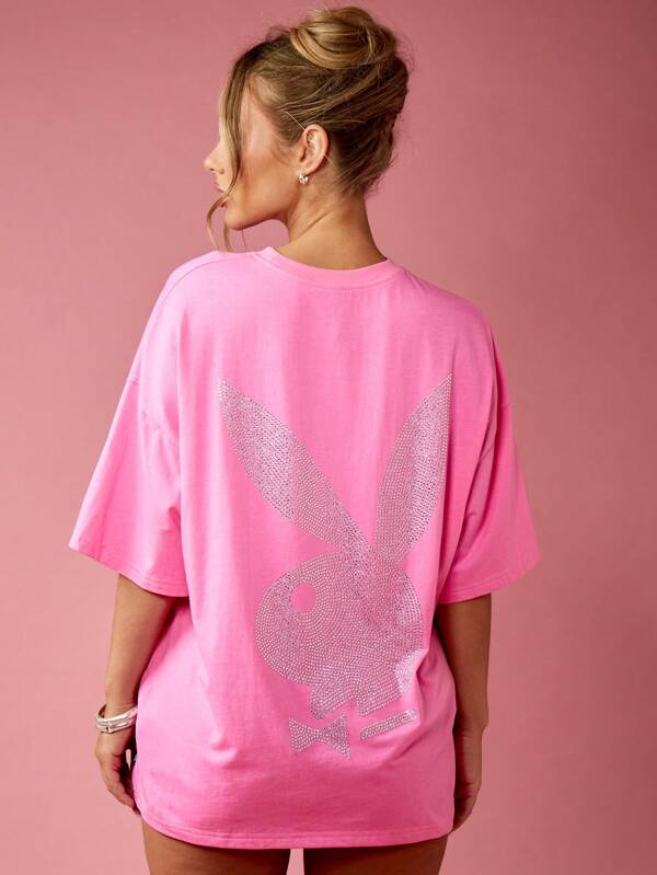 Missguided Missguided X Playboy Crystal Rhinestone Retro Y2K Oversized T-Shirt