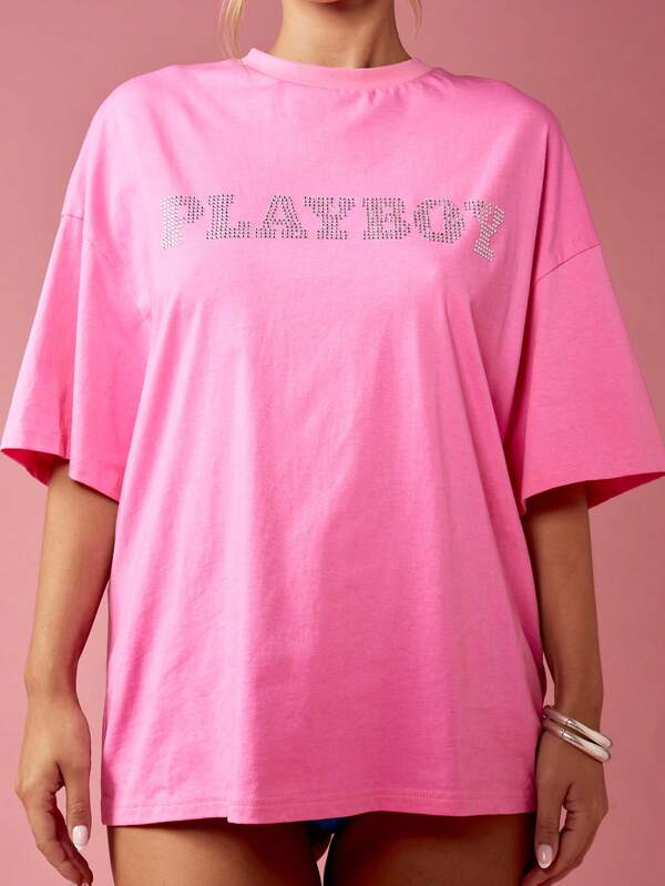 Missguided Missguided X Playboy Crystal Rhinestone Retro Y2K Oversized T-Shirt