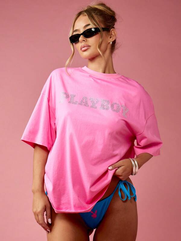 missguided Missguided x Playboy Crystal Rhinestone Retro Y2K Oversized T-Shirt