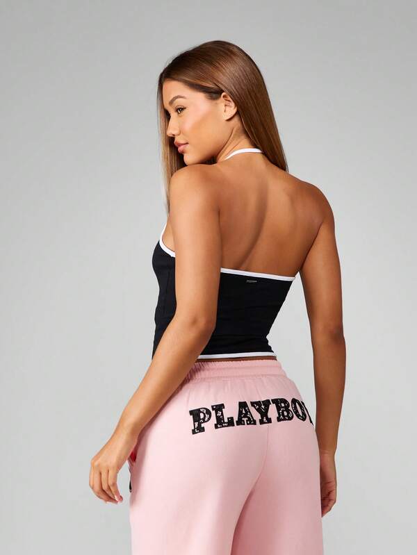 Missguided Missguided X Playboy Crystal Text Halter Neck Crop Top With Contrast Binding