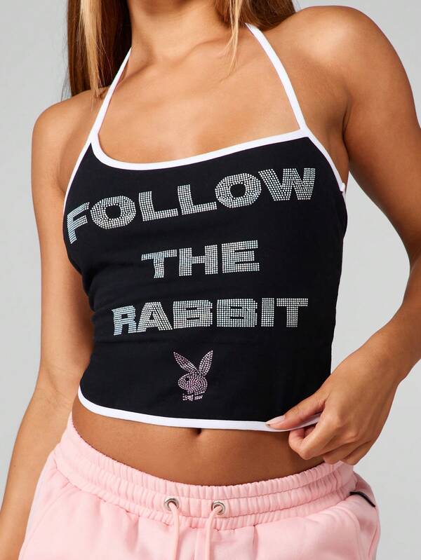missguided Missguided x Playboy Crystal Text Halter Neck Crop Top With Contrast Binding