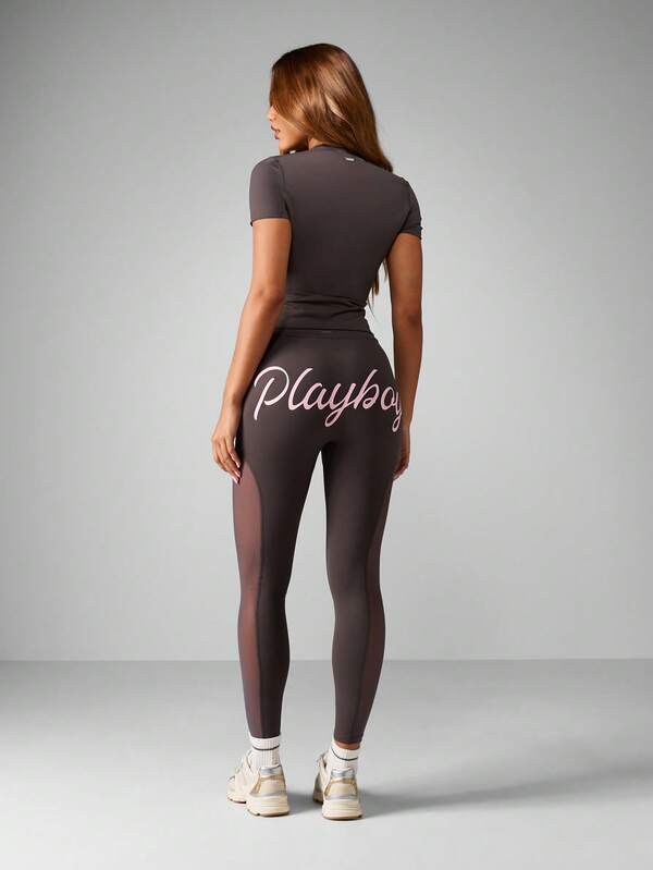 Missguided Missguided X Playboy Cut Out Mesh Panel Crop Top And Leggings Set