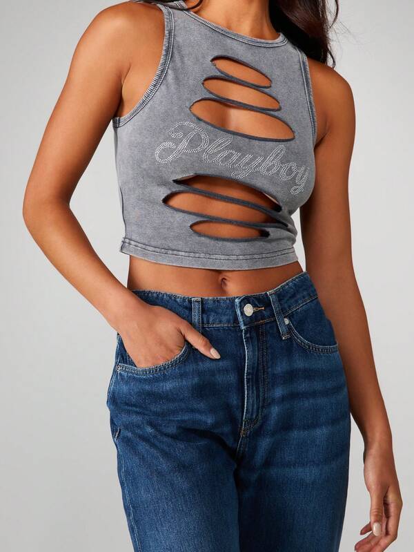 missguided Missguided x Playboy Cut Out Tank Top With Rhinestone Detail