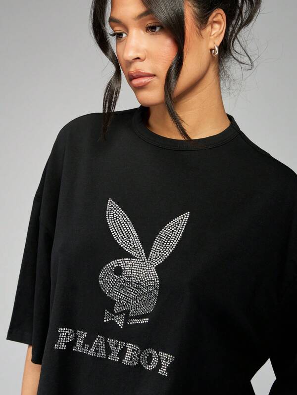 Missguided Missguided X Playboy Diamante Crystal Embellished Oversized T-Shirt