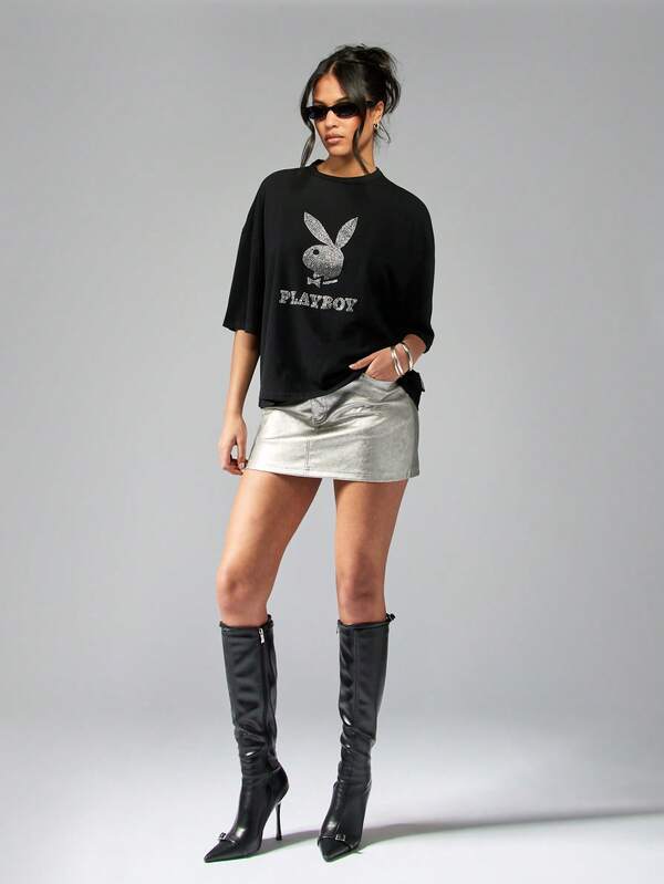 Missguided Missguided X Playboy Diamante Crystal Embellished Oversized T-Shirt
