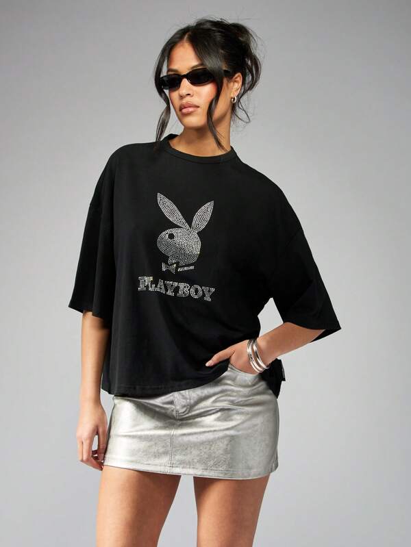 missguided Missguided x Playboy Diamante Crystal Embellished Oversized T-Shirt