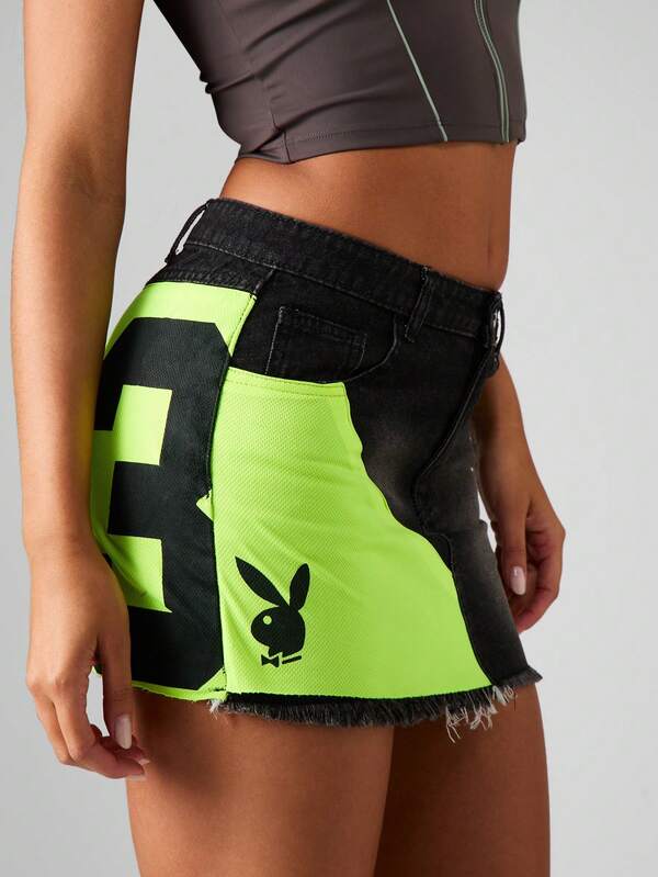 Missguided Missguided X Playboy Distressed Denim Mini Skirt With Neon Panel