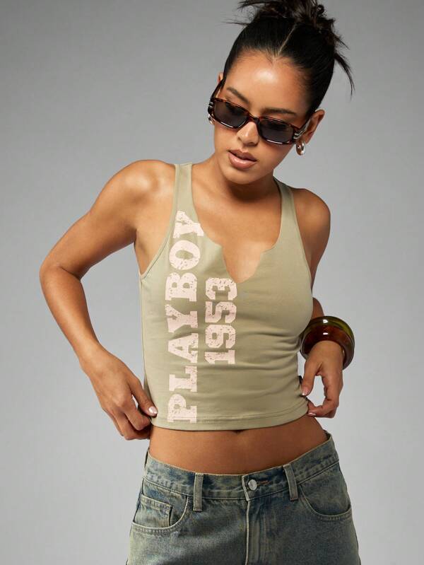 missguided Missguided x Playboy Distressed Text Print Racer Back Crop Workout Tank