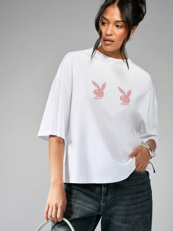 Missguided Missguided X Playboy Double Bunny Headed Oversized Drop Shoulder T-Shirt