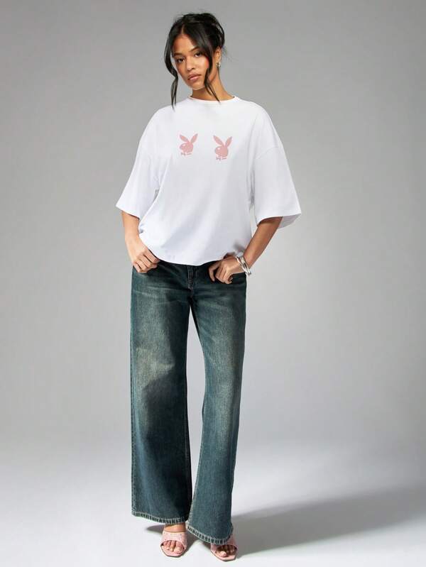 Missguided Missguided X Playboy Double Bunny Headed Oversized Drop Shoulder T-Shirt