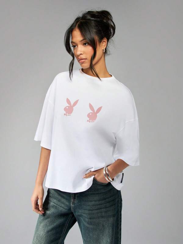 missguided Missguided x Playboy Double Bunny Headed Oversized Drop Shoulder T-Shirt
