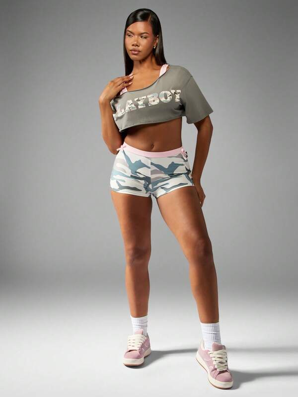 Missguided Missguided X Playboy Double Layer Cropped T-Shirt With Camouflage Logo Print