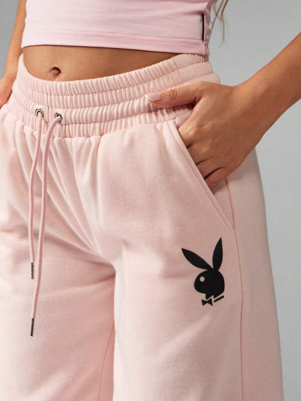 Missguided Missguided X Playboy Drawstring Fleece Wide Leg Logo Design Sweatpants